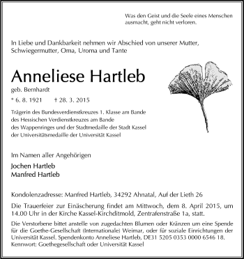 Traueranzeige von Anneliese Hartleb von HNA