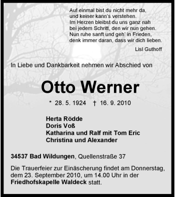 Traueranzeige von Otto Werner von HNA