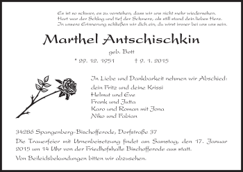 Traueranzeige von Marthel Antschischkin von HNA