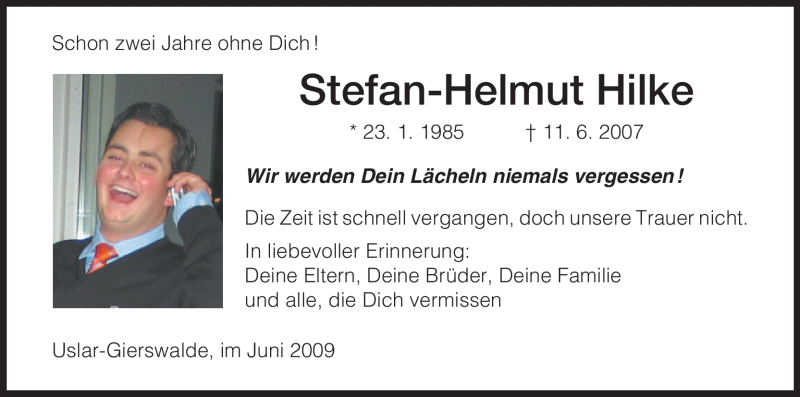  Traueranzeige für Stefan-Helmut Hilke vom 11.06.2009 aus HNA
