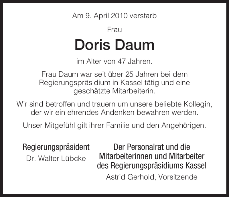  Traueranzeige für Doris Daum vom 16.04.2010 aus HNA