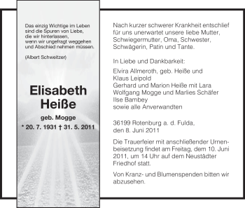 Traueranzeige von Elisabeth Heiße von HNA
