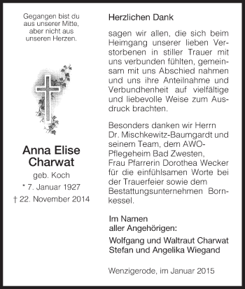 Traueranzeige von Anna Elise Charwat von HNA