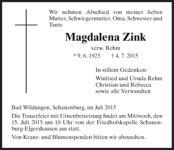 Traueranzeige von Magdalena Zink von HNA
