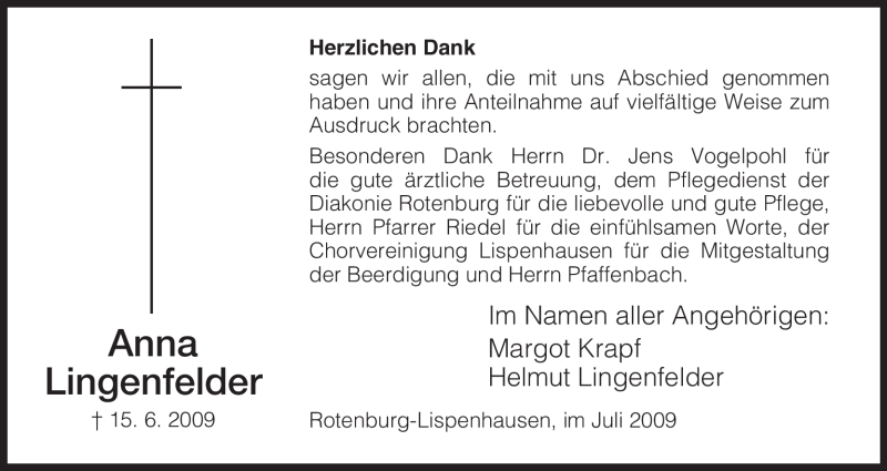  Traueranzeige für Anna Lingenfelder vom 11.07.2009 aus HNA