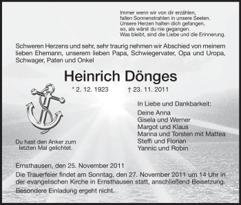 Traueranzeige von Heinrich Dönges von HNA