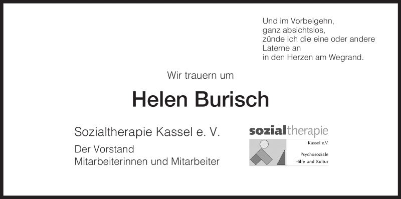  Traueranzeige für Helen Burisch vom 21.11.2009 aus HNA