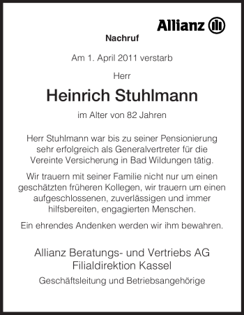 Traueranzeige von Heinrich Stuhlmann von HNA