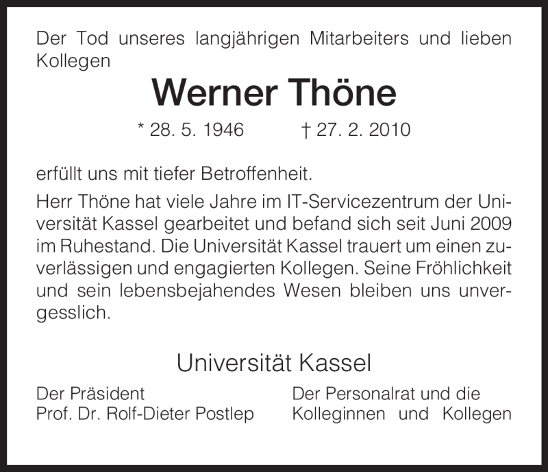  Traueranzeige für Werner Thöne vom 13.03.2010 aus HNA
