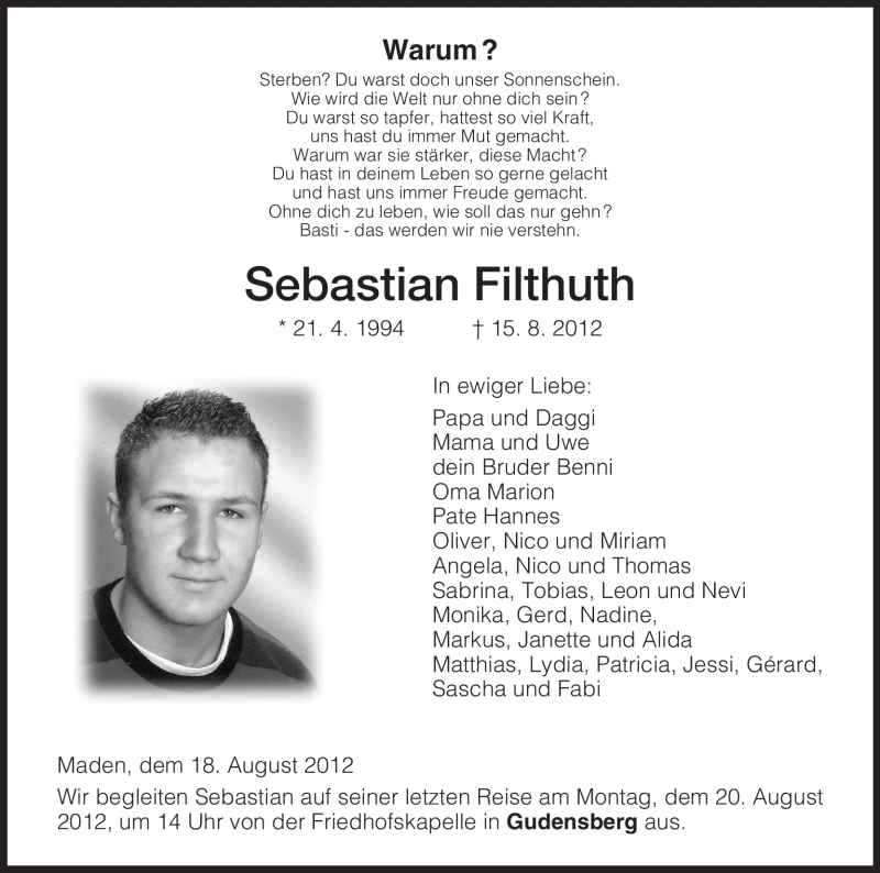  Traueranzeige für Sebastian Filthuth vom 18.08.2012 aus HNA