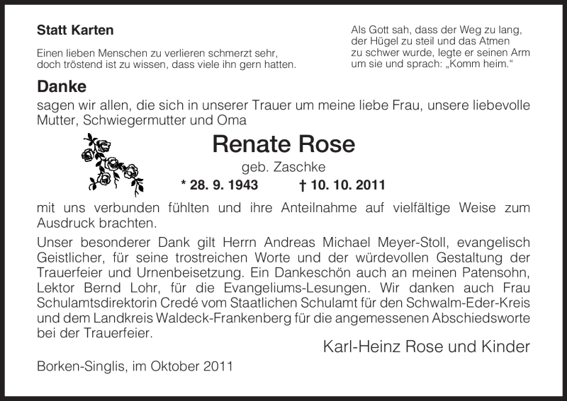  Traueranzeige für Renate Rose vom 05.11.2011 aus HNA