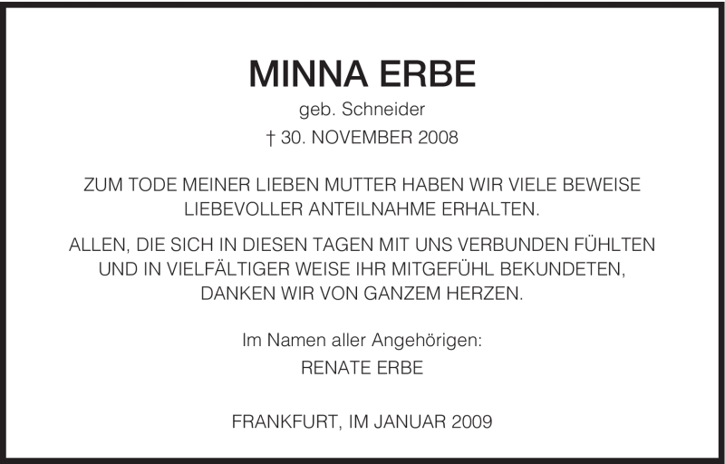  Traueranzeige für Minna Erbe vom 10.01.2009 aus HNA