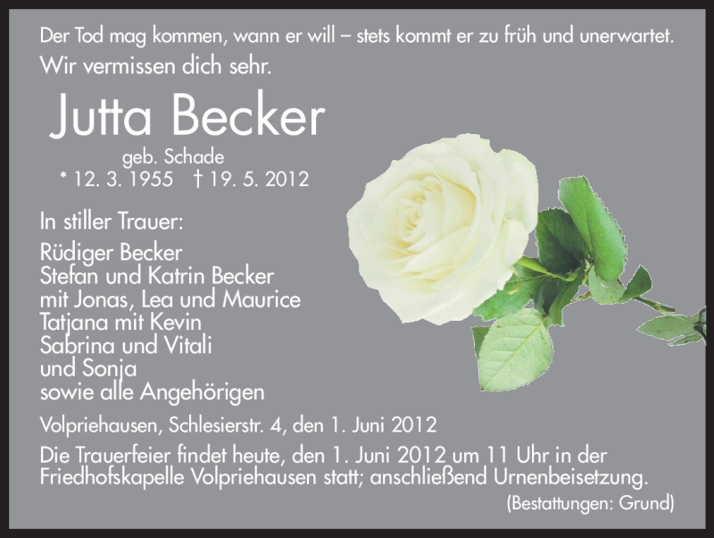  Traueranzeige für Jutta Becker vom 01.06.2012 aus HNA