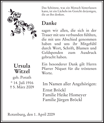Traueranzeige von Ursula Witzel von HNA