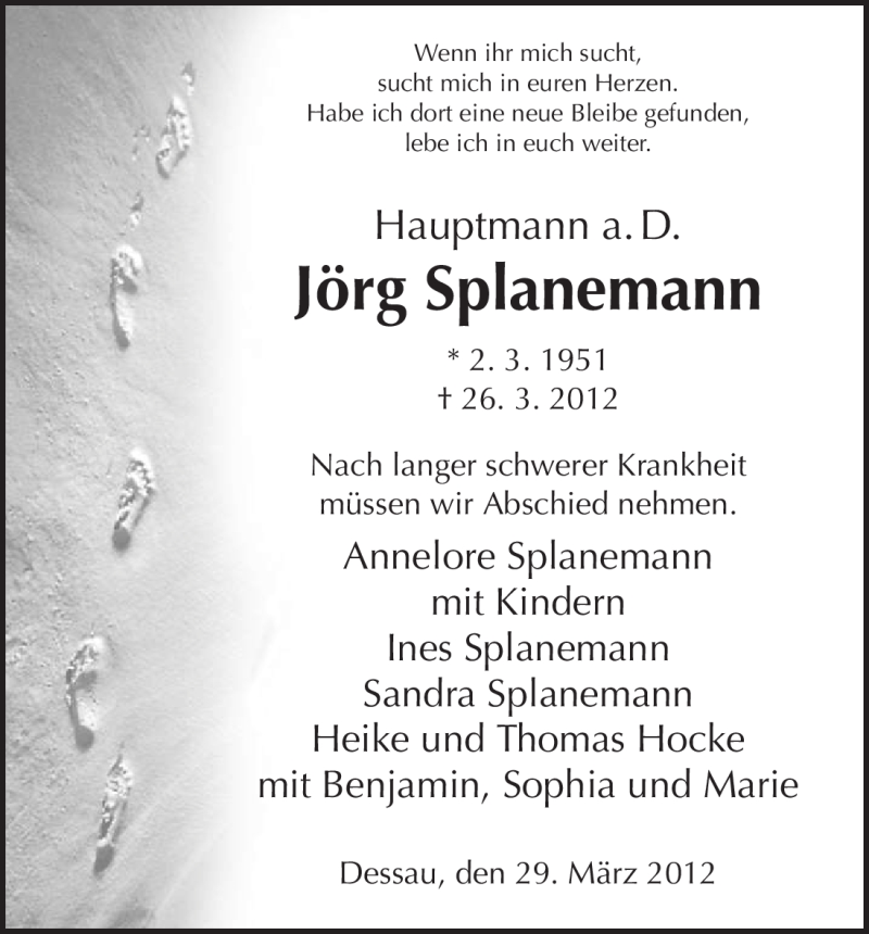  Traueranzeige für Jörg Splanemann vom 29.03.2012 aus HNA