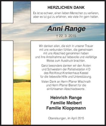 Traueranzeige von Anni Range von HNA