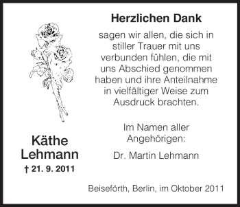 Traueranzeige von Käthe Lehmann von HNA