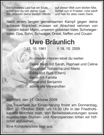 Traueranzeige von Uwe Bräunlich von HNA