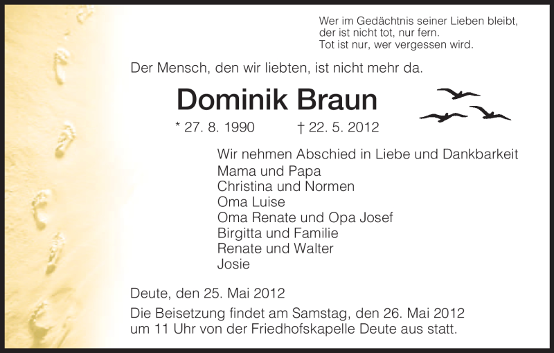  Traueranzeige für Dominik Braun vom 25.05.2012 aus HNA