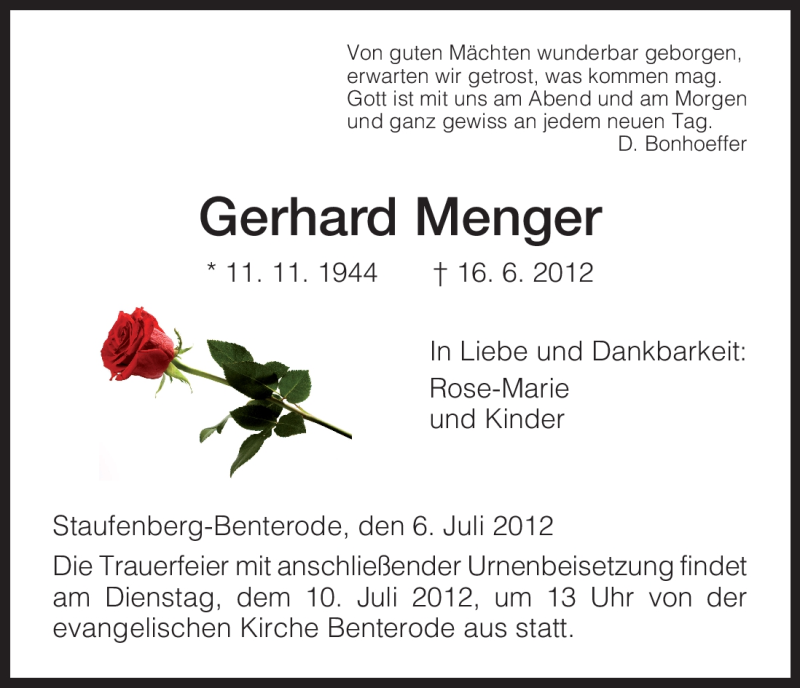  Traueranzeige für Gerhard Menger vom 06.07.2012 aus HNA