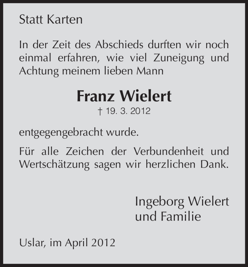  Traueranzeige für Franz Wielert vom 14.04.2012 aus HNA