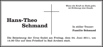 Traueranzeige von Hans-Theo Schmand von HNA