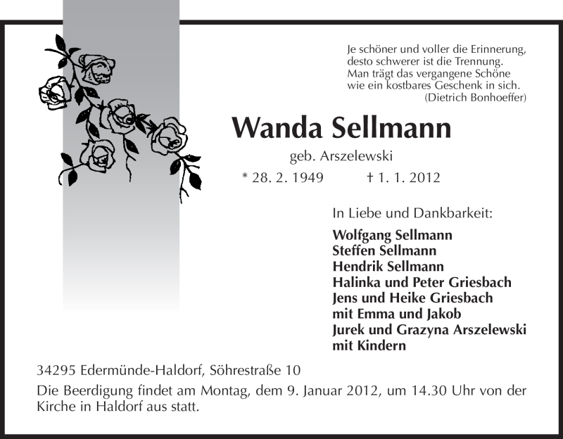  Traueranzeige für Wanda Sellmann vom 05.01.2012 aus HNA