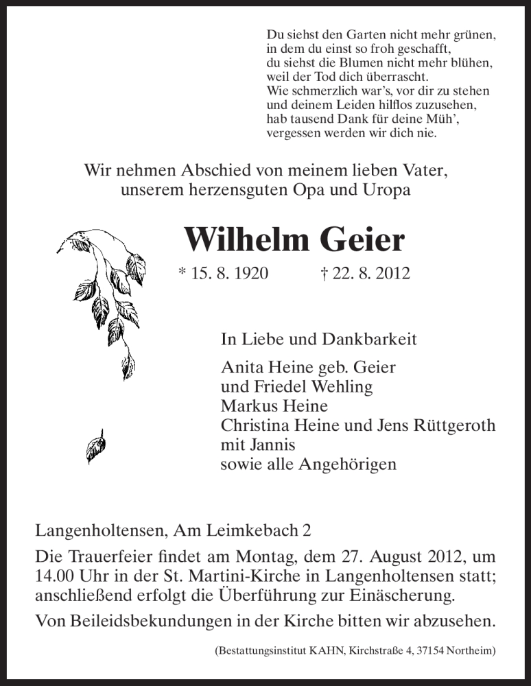  Traueranzeige für Wilhelm Geier vom 24.08.2012 aus HNA