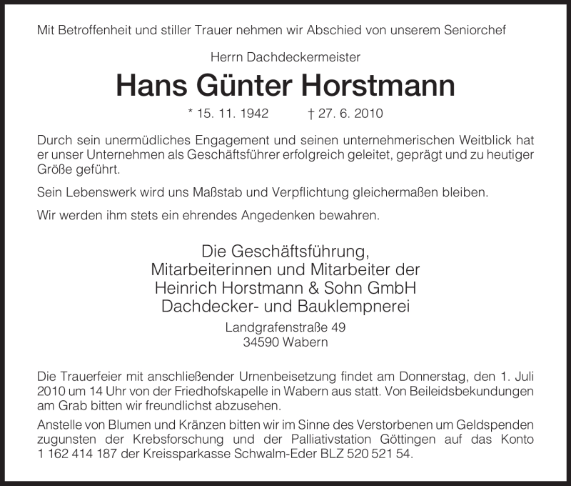  Traueranzeige für Hans Günter Horstmann vom 29.06.2010 aus HNA