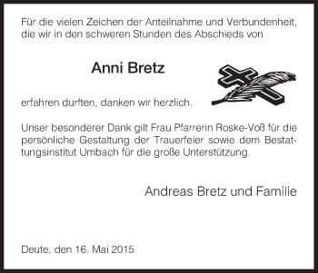Traueranzeige von Anni Bretz von HNA