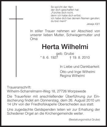 Traueranzeige von Herta Wilhelmi von HNA