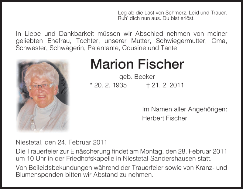  Traueranzeige für Marion Fischer vom 24.02.2011 aus HNA