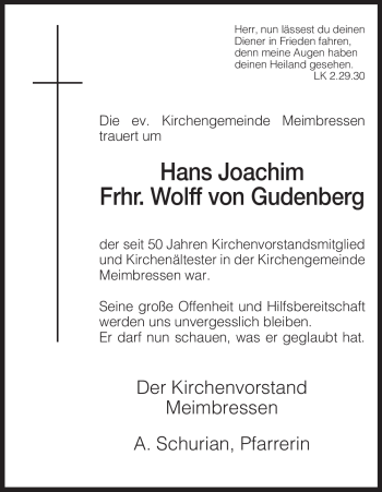 Traueranzeige von Hans Joachim Wolff von Gudenberg von HNA