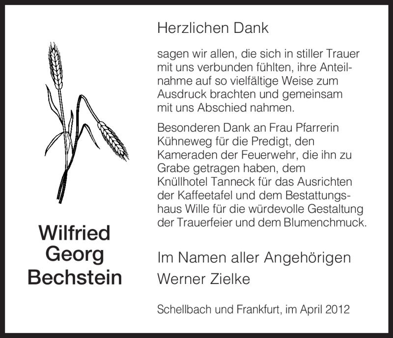  Traueranzeige für Wilfried Georg Bechstein vom 05.04.2012 aus HNA