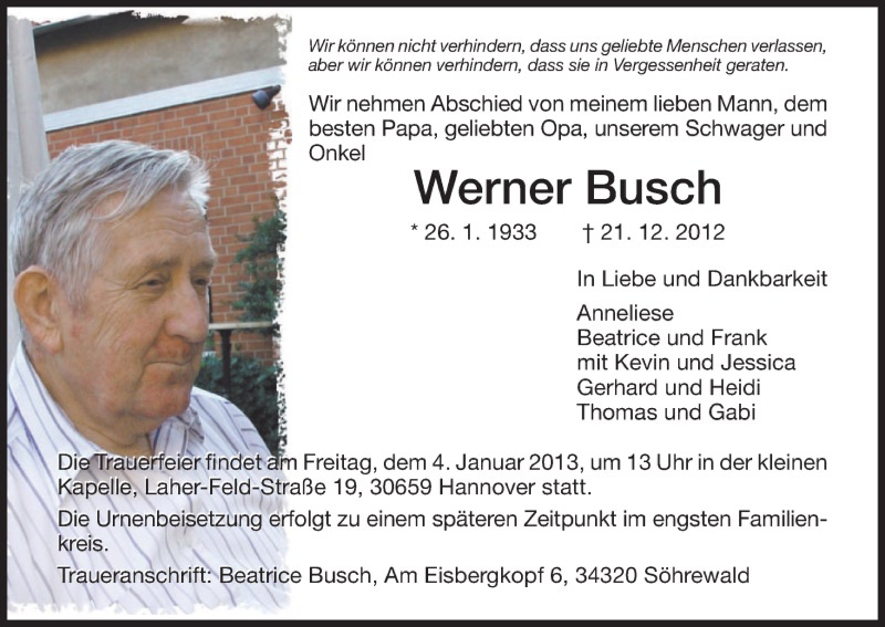  Traueranzeige für Werner Busch vom 02.01.2013 aus HNA