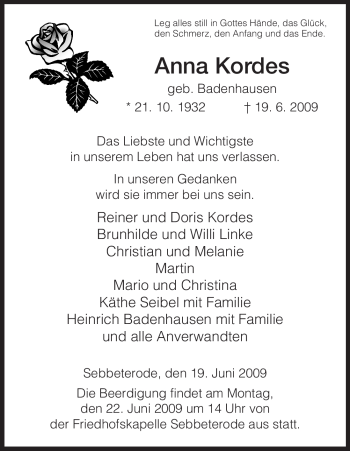 Traueranzeige von Anna Kordes von HNA