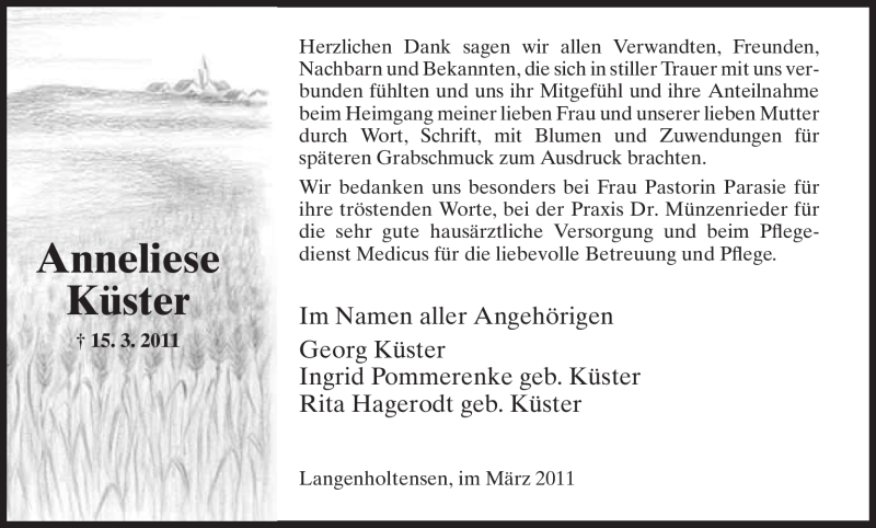  Traueranzeige für Anneliese Küster vom 30.03.2011 aus HNA
