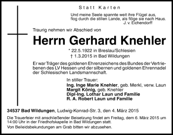 Traueranzeige von Gerhard Knehler von HNA