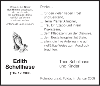 Traueranzeige von Edith Schellhase von HNA