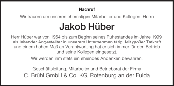 Traueranzeige von Jakob Hüber von HNA