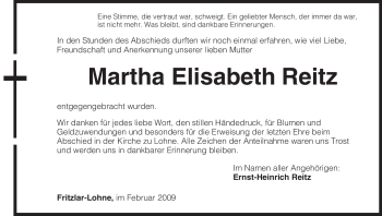 Traueranzeige von Martha Elisabeth Reitz von HNA