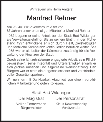 Traueranzeige von Manfred Rehner von HNA