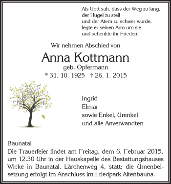 Traueranzeige von Anna Kottmann von HNA