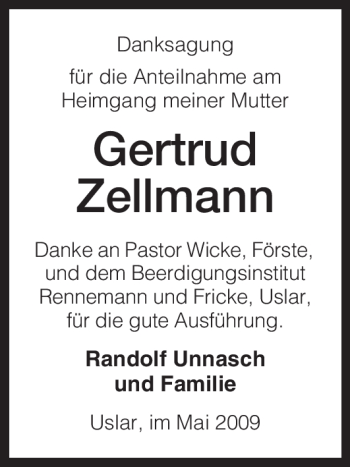Traueranzeige von Gertrud Zellmann von HNA