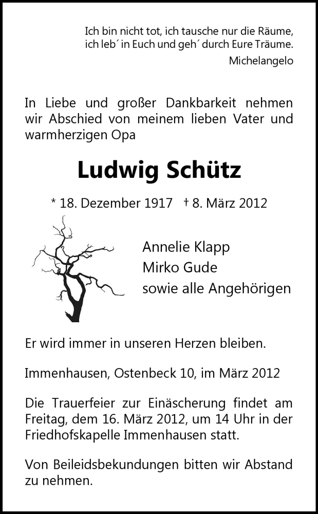  Traueranzeige für Ludwig Schütz vom 13.03.2012 aus HNA