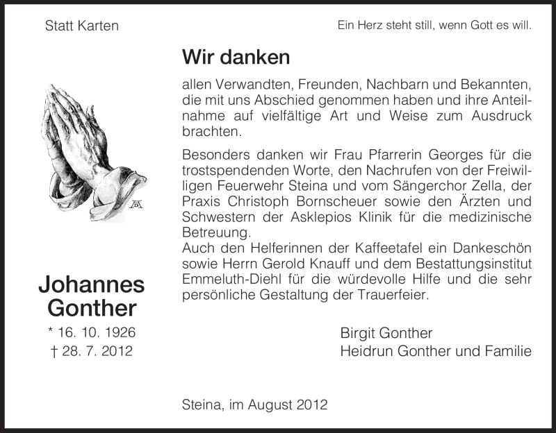  Traueranzeige für Johannes Gonther vom 25.08.2012 aus HNA