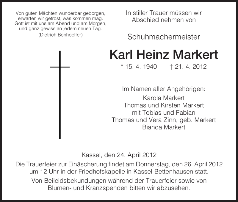  Traueranzeige für Karl Heinz Markert vom 24.04.2012 aus HNA