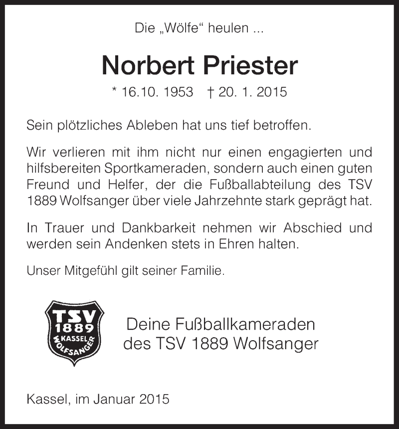  Traueranzeige für Norbert Priester vom 27.01.2015 aus HNA
