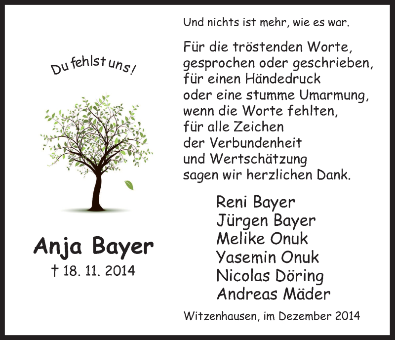  Traueranzeige für Anja Bayer vom 20.12.2014 aus HNA