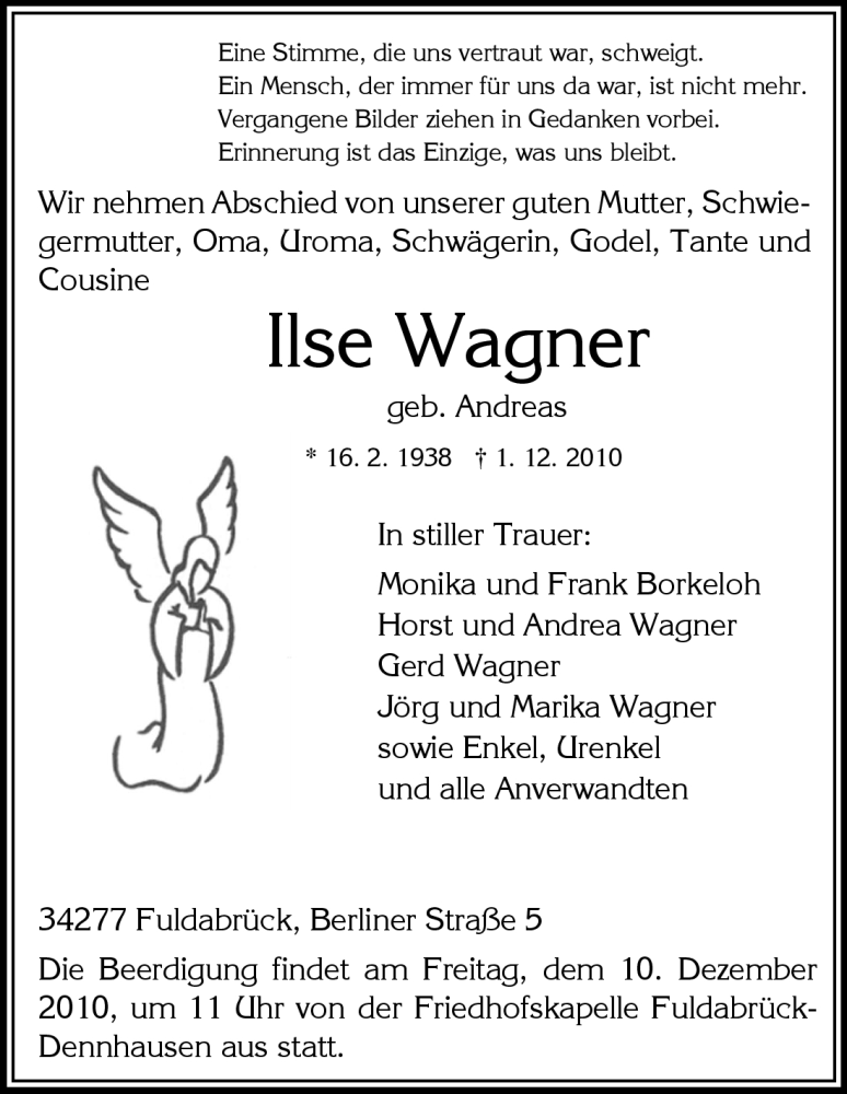  Traueranzeige für Ilse Wagner vom 07.12.2010 aus HNA